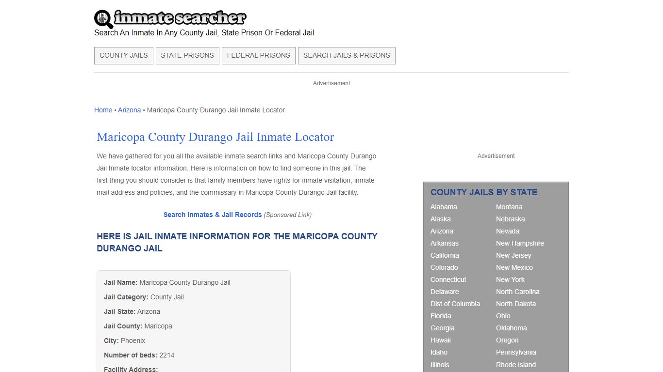Maricopa County Durango Jail Inmate Locator - Inmate Searcher