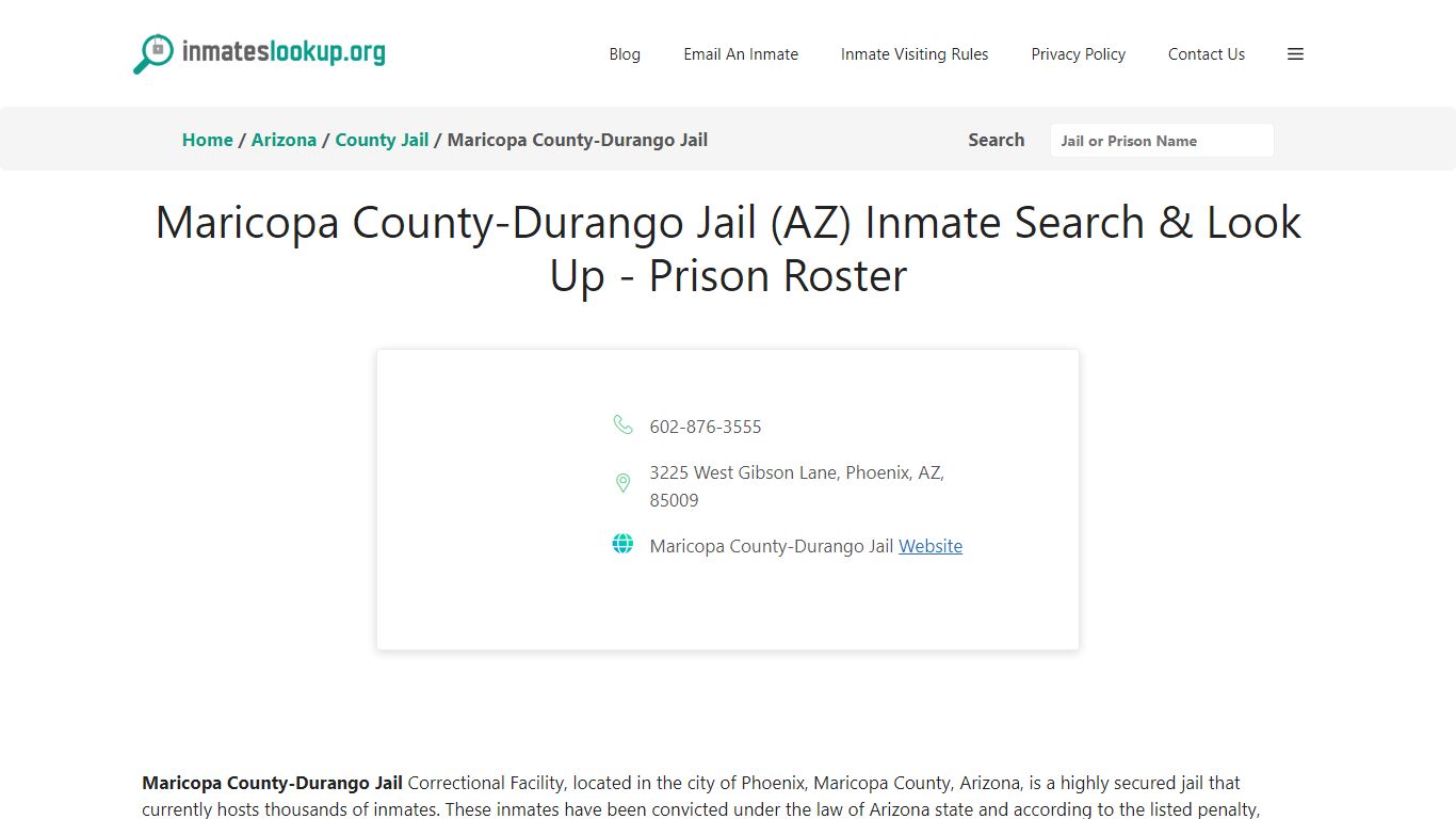Maricopa County-Durango Jail (AZ) Inmate Search & Look Up - Inmate Lookup